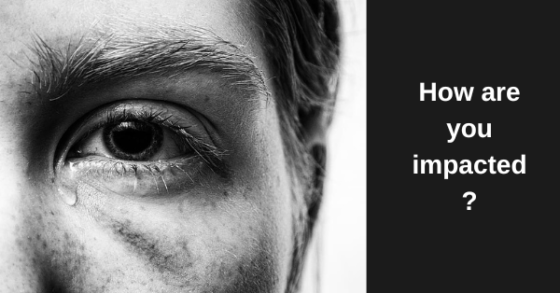 Image created in nonprofit Canva account features black and white close up photo of a man with a single tear drop. The side panel reads the question in white text over black background "how are you impacted?"