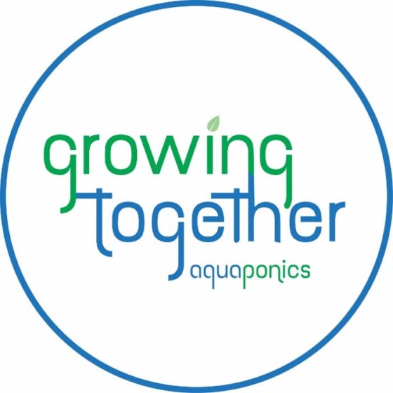 Image is the green, blue, and white logo of Growing Together Aquaponics