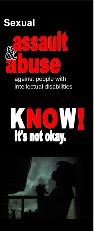 Photo of the cover of our brochure titled Sexual Assault and Abuse Against People with Intellectual Disabilities. KNOW It's Not Okay where the letters NO are colored red to stand out. The bottom shows a shadowy picture of someone whose hands are folded together as if pleading. 