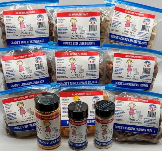 Photo of packaged products from Gracie's Doggie Delights including the flavor enhancer bottles. 