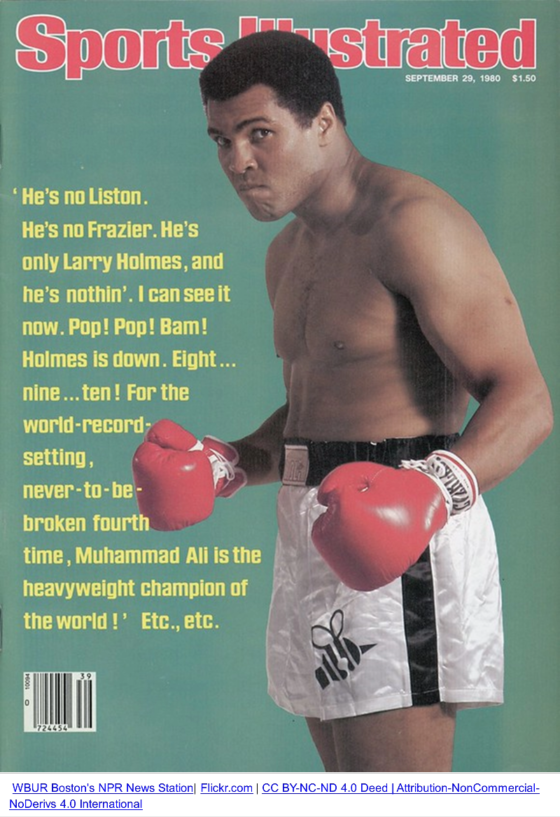 Image of Sports Illustrated cover featuring Mohammed Ali as boxing champ.