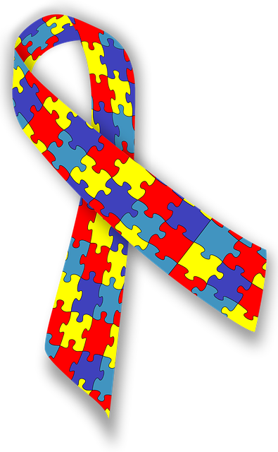 Graphic of a ribbon made out of the iconic Autism puzzle pieces red, blue, yellow for raising awareness