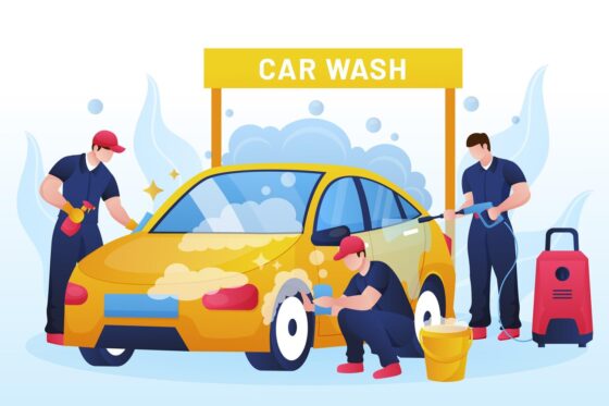 Graphic of a yellow car under a yellow banner reading "car wash" with three people in blue work clothes and red hats working together to wash the car with soap suds, sponges, spray bottles, and pressure washer. 