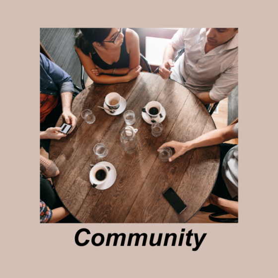 Photo of friends surrounding a round table with full coffee cups and water. There is a creamy coffee colored border surrounding the photo with the word community in bold italics. This is created from a nonprofit subscription in Canva. 
