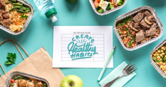 Image created in non-profit Canva account. Teal background with various healthy, bright colored meals of protein, carbs, and vegetables with water bottles and fork/napkin surrounding. In the center there is a Nutrition Plan with the words "Create Healthy Habits" 