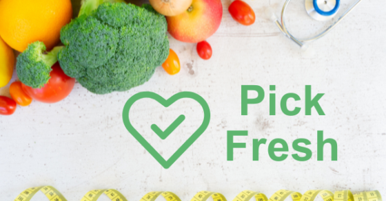 Image created in non-profit Canva Account. A Variety of fruits and vegetables line the top of the image with a stethoscope while the bottom is bordered by a yellow tape measure. In the center text in green displays "Pick Fresh" with an icon of a heart with a checkmark. 