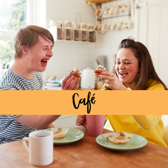 Photo created in non-profit canva account shows a Caucasian man and woman of differing abilities enjoying muffins and coffee cups in a cheerful bright room with a wooden table. Text over a yellow band displays "cafe" 