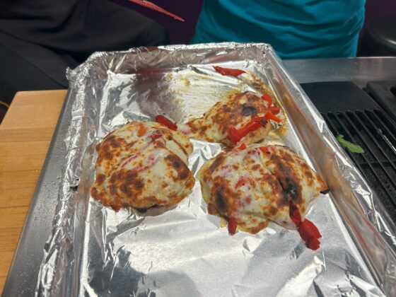 Chicken, peppers and cheese fresh out of the oven and melted. 