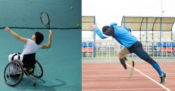 Two photos side by side of athletes like the Paralympics. The image on the right is a runner in blue sports outfit on a track. The right leg is prosthetic leg. The face is shielded by arm swinging in motion of running hard. The left photo is a woman athlete in a wheelchair. Her arms are extended with a tennis racket over her head awaiting to hit a ball apparently in coming trajectory that we cannot see in the image.  