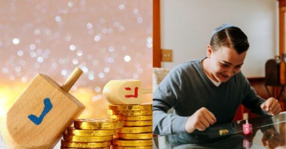 Photo combo created in Canva.com The left side displays two dreidels (tops with Hebrew writing and golden coins or coin candy with a soft glittering white background. The right side shows a Jewish young man smiling at a top and coin on the table. He is wearing a kippah or yamaka which is a traditional rimless cap traditionally worn by Jewish males to fulfill the customary requirement that the head be covered. 