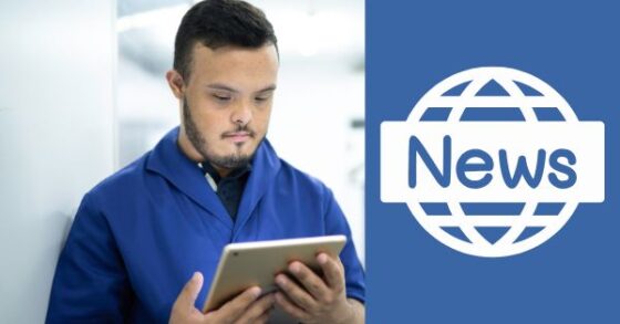Photo of a young man with IDD wearing blue. He is looking at an electronic screen. To the right of him is the icon for world wide web news in white over a blue background. 