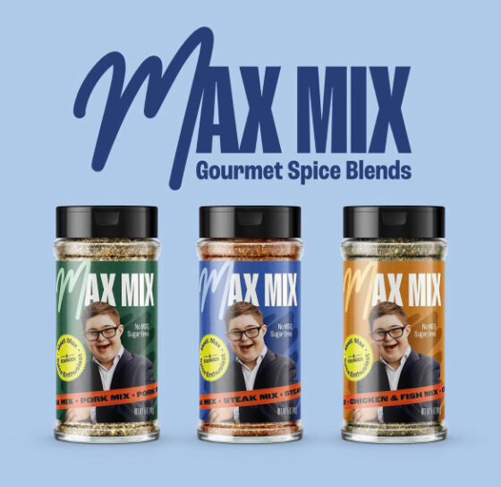 Three bottles of Max Mix spice blends with a blue background and the logo for Max Mix Gourmet Spice Blends.
