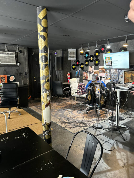 Photo of studio at Purple Cat with microphone and other equipment. The wall holds vinyl records. 