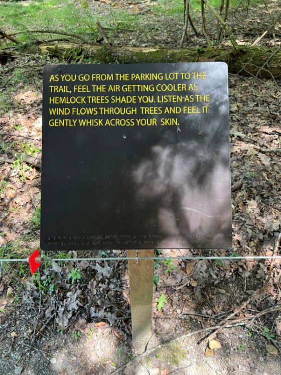 Sign in yellow letters describing surrounding area and welcoming visitors "As you go from the parking lot to the trail, feel the air getting cooler as hemlock trees shade you. Listen as the wind flows through the trees and feel it gently whisk across your skin" photo by author, Denise Quinn. 